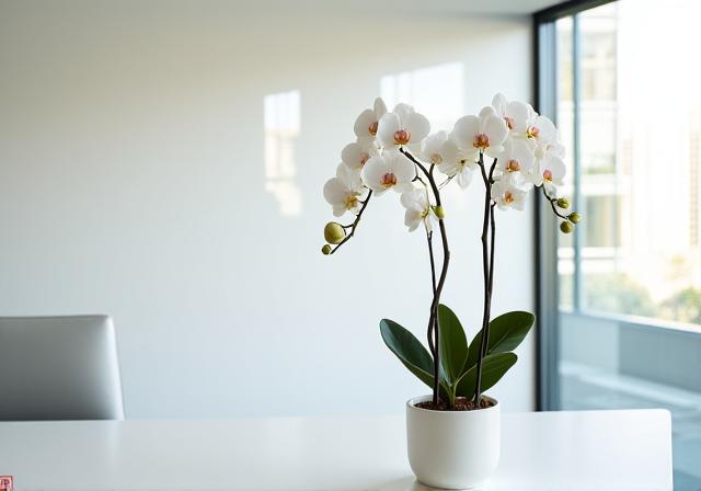 Modern office reception with orchid arrangement