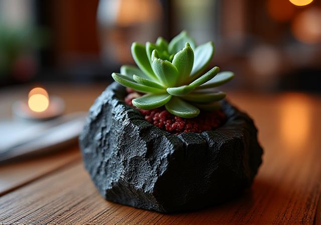 Restaurant table with volcanic glass succulent centerpiece