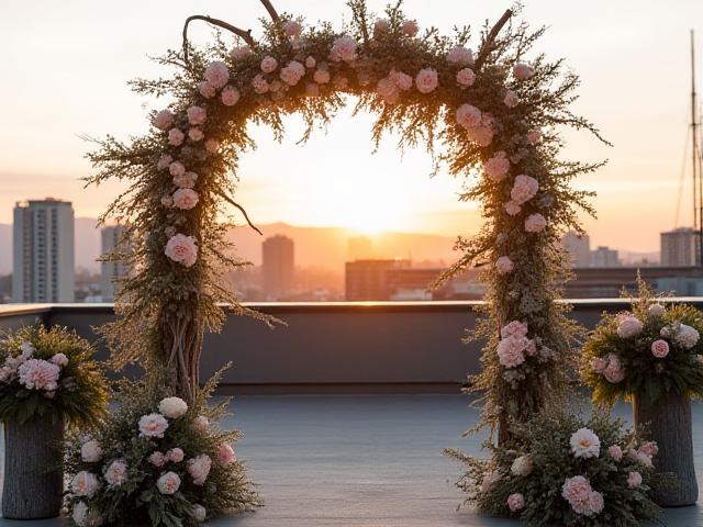 Rooftop floral arch ceremony setup