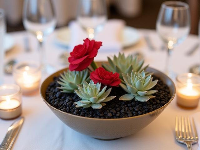 Close up of table centerpiece with volcanic soul theme