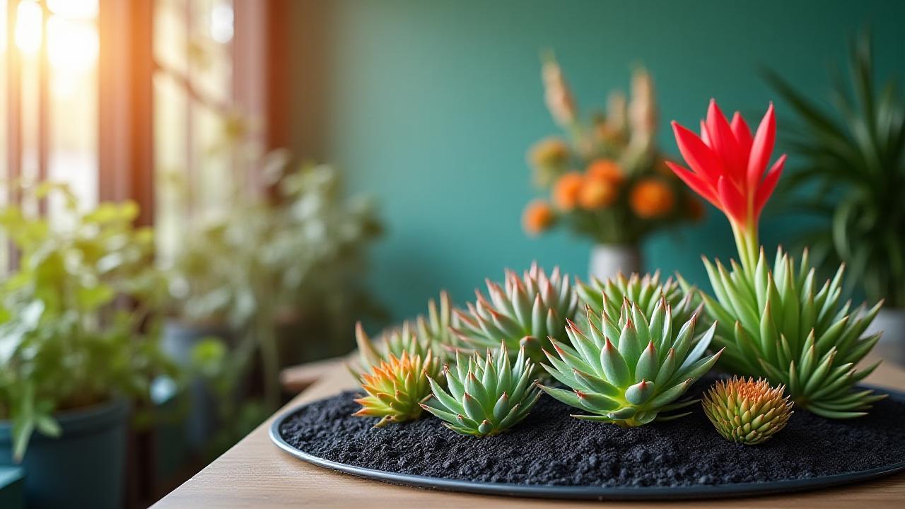 A lush assortment of healthy tropical flowers and volcanic soil succulents in a modern studio setting