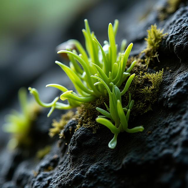 Detailed shot of orchid roots in volcanic soil