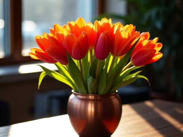Vibrant spring tulips in copper vase