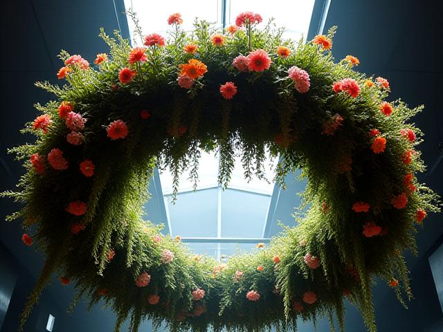 Hanging floral installation in an event space